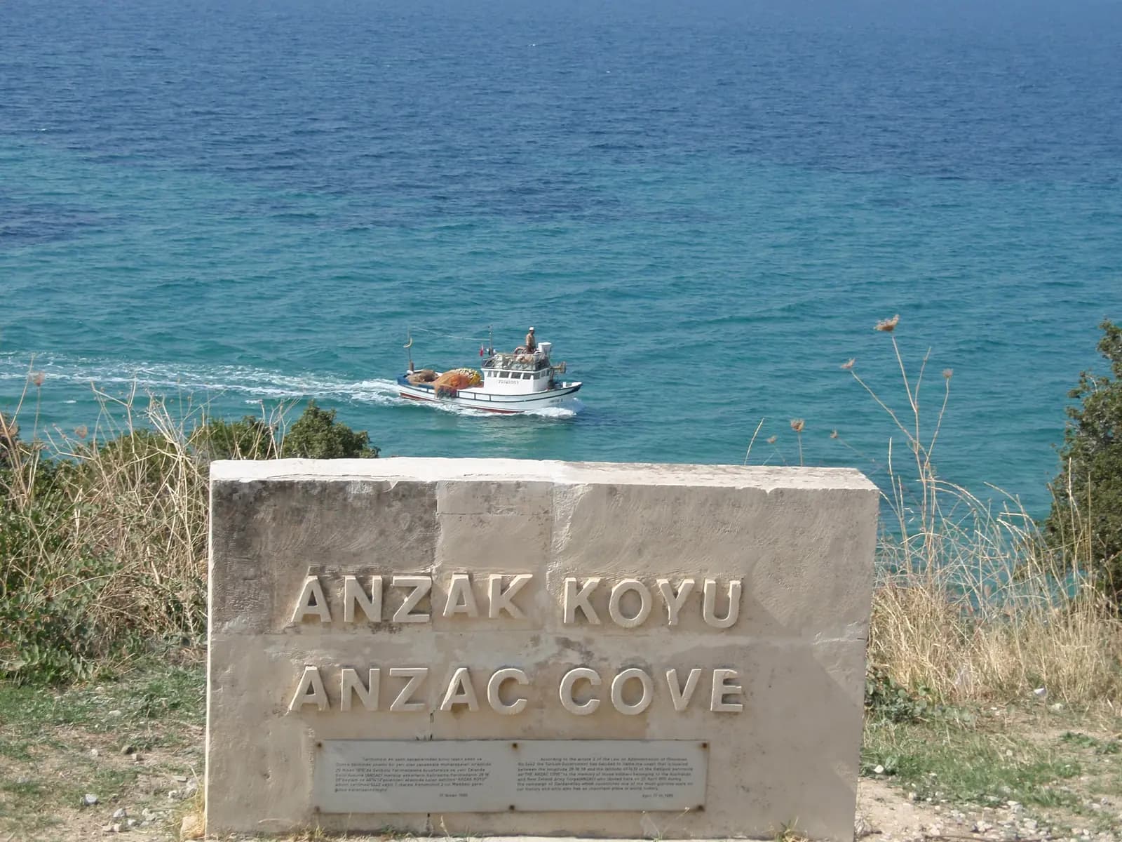 Anzac Cove sign with the Aegean behind, Gallipoli