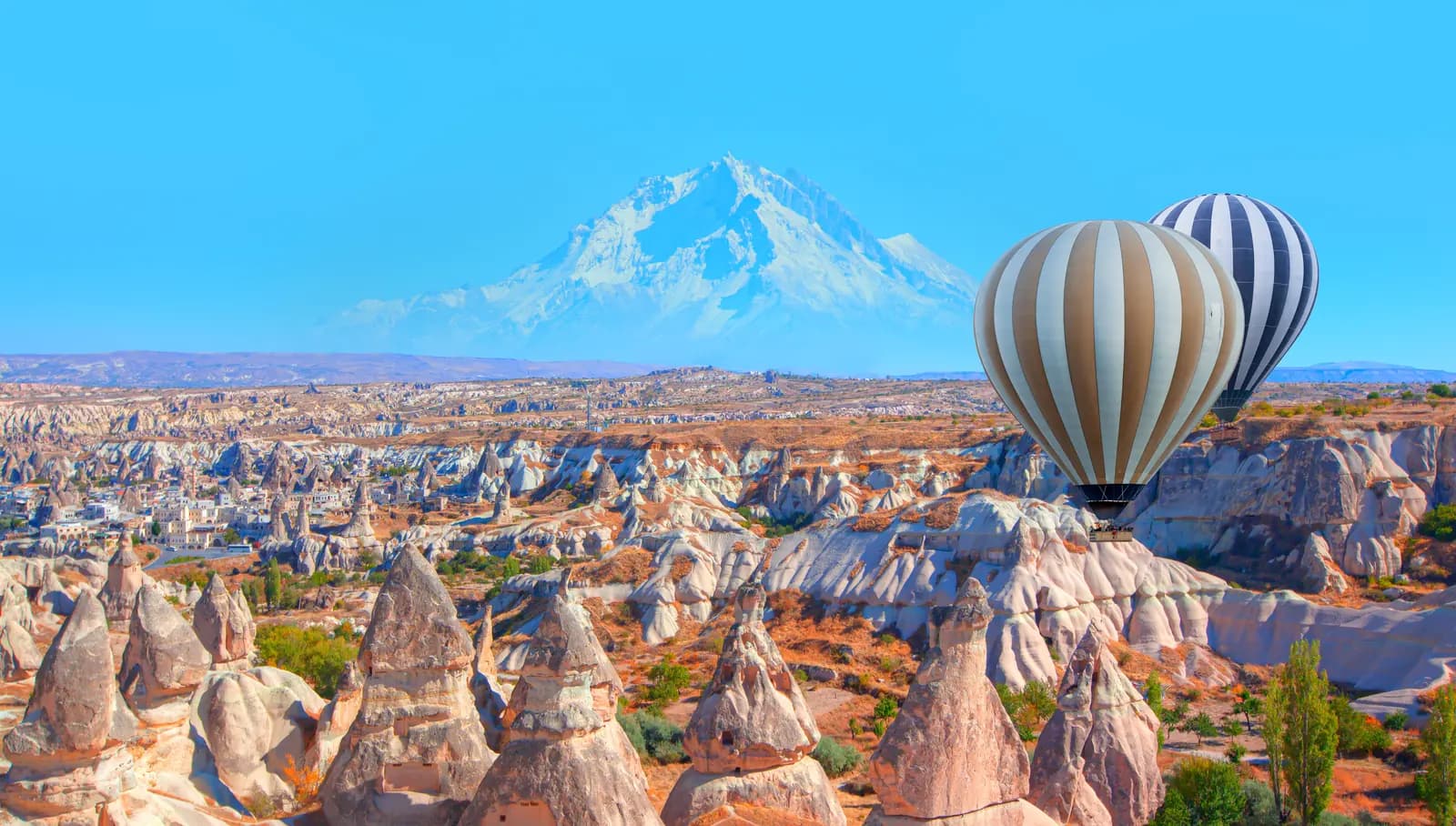Balloon over Goreme with Mount Erciyes behind, Cappadocia