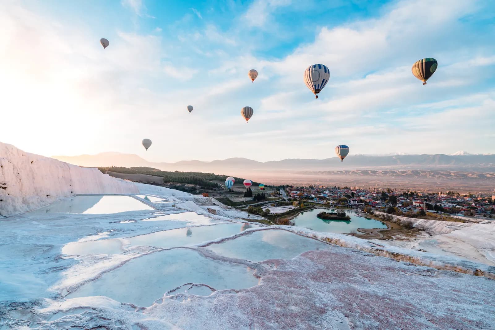 Balloons above the white terraces of Pamukkale